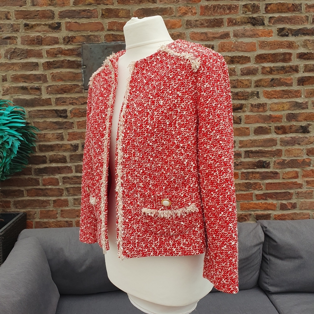 M&S Red Boucle Fringed Classic Jacket Uk12. - Picture 6 of 14